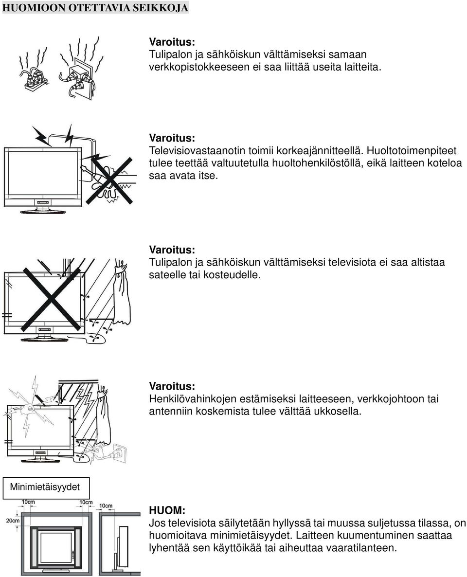 Varoitus: Tulipalon ja sähköiskun välttämiseksi televisiota ei saa altistaa sateelle tai kosteudelle.