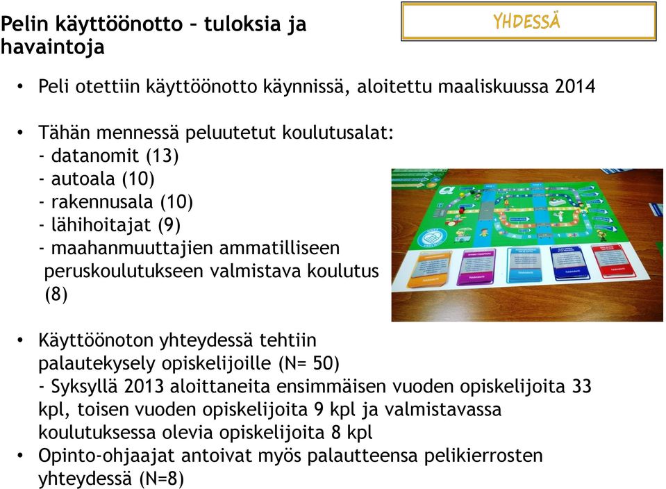 Käyttöönoton yhteydessä tehtiin palautekysely opiskelijoille (N= 50) - Syksyllä 2013 aloittaneita ensimmäisen vuoden opiskelijoita 33 kpl, toisen