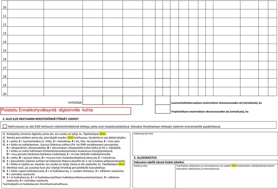 maatalouskäytössä. Sitoudun ilmoittamaan lohkojen sijainnin viranomaisille pyydettäessä. 1) Esitäytetty viimeisin digitoitu pinta ala. Jos sarake on tyhjä, ks. Täyttöohjeet 2013.