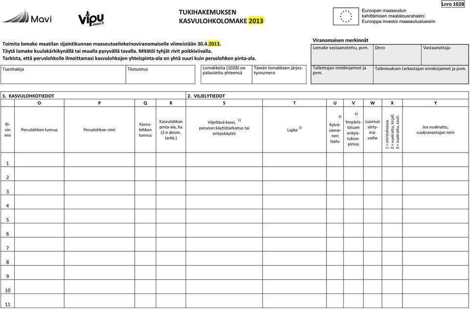 Dnro Vastaanottaja Tuenhakija Tilatunnus Lomakkeita (102B) on palautettu yhteensä Tämän lomakkeen järjestysnumero Tallentajan nimikirjaimet ja pvm. Tallennuksen tarkastajan nimikirjaimet ja pvm. 1.