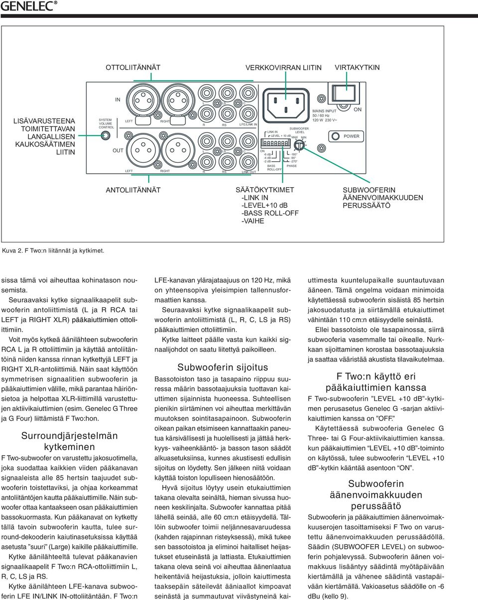 ROLL-OFF -VAIHE SUBWOOFERIN ÄÄNENVOIMAKKUUDEN PERUSSÄÄTÖ Kuva 2. :n liitännät ja kytkimet. sissa tämä voi aiheuttaa kohinatason nousemista.