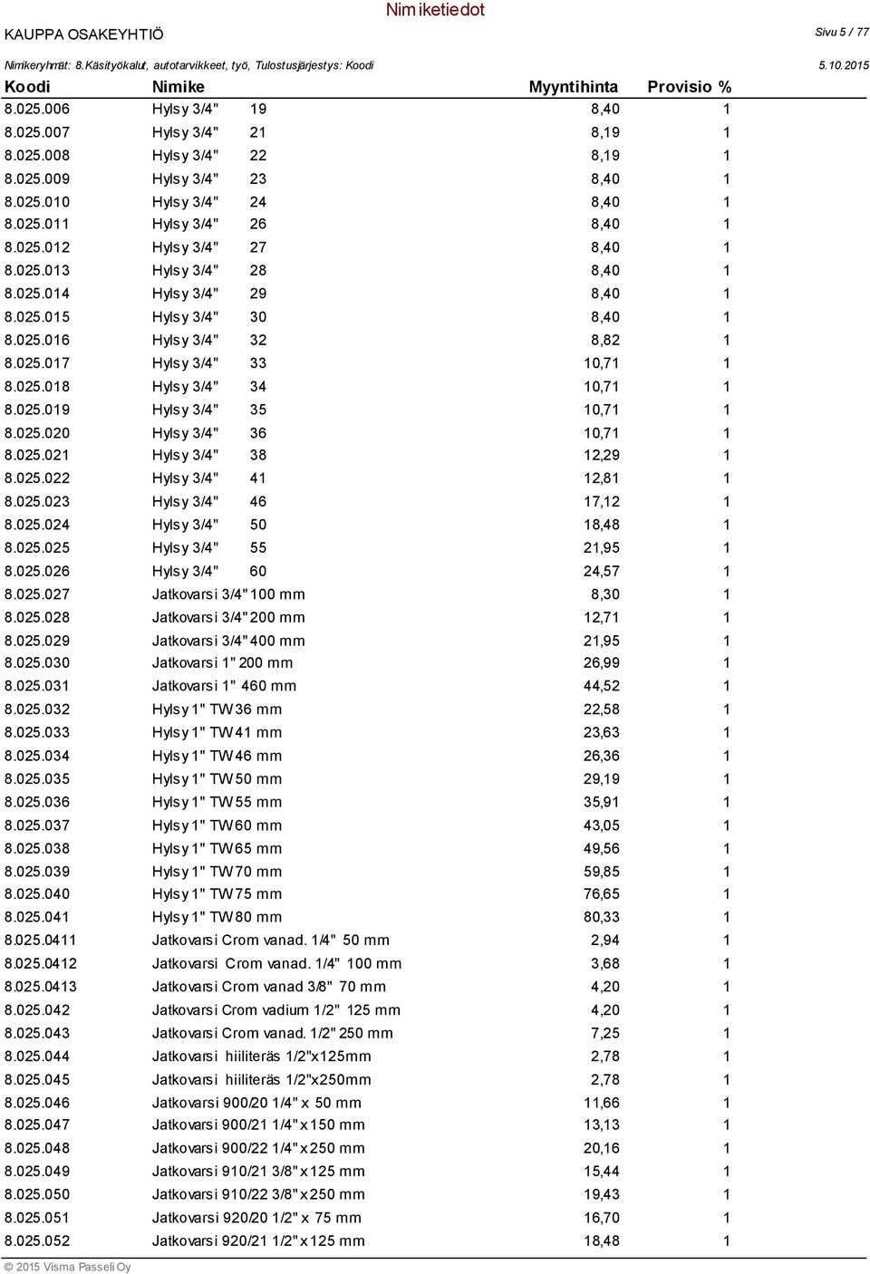 025.019 Hylsy 3/4" 35 10,71 1 8.025.020 Hylsy 3/4" 36 10,71 1 8.025.021 Hylsy 3/4" 38 12,29 1 8.025.022 Hylsy 3/4" 41 12,81 1 8.025.023 Hylsy 3/4" 46 17,12 1 8.025.024 Hylsy 3/4" 50 18,48 1 8.025.025 Hylsy 3/4" 55 21,95 1 8.