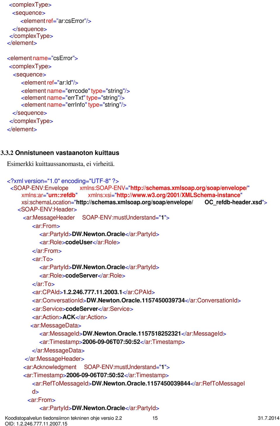 3.2 Onnistuneen vastaanoton kuittaus Esimerkki kuittaussanomasta, ei virheitä. <?xml version="1.0" encoding="utf-8"?> <SOAP-ENV:Envelope xmlns:soap-env="http://schemas.xmlsoap.