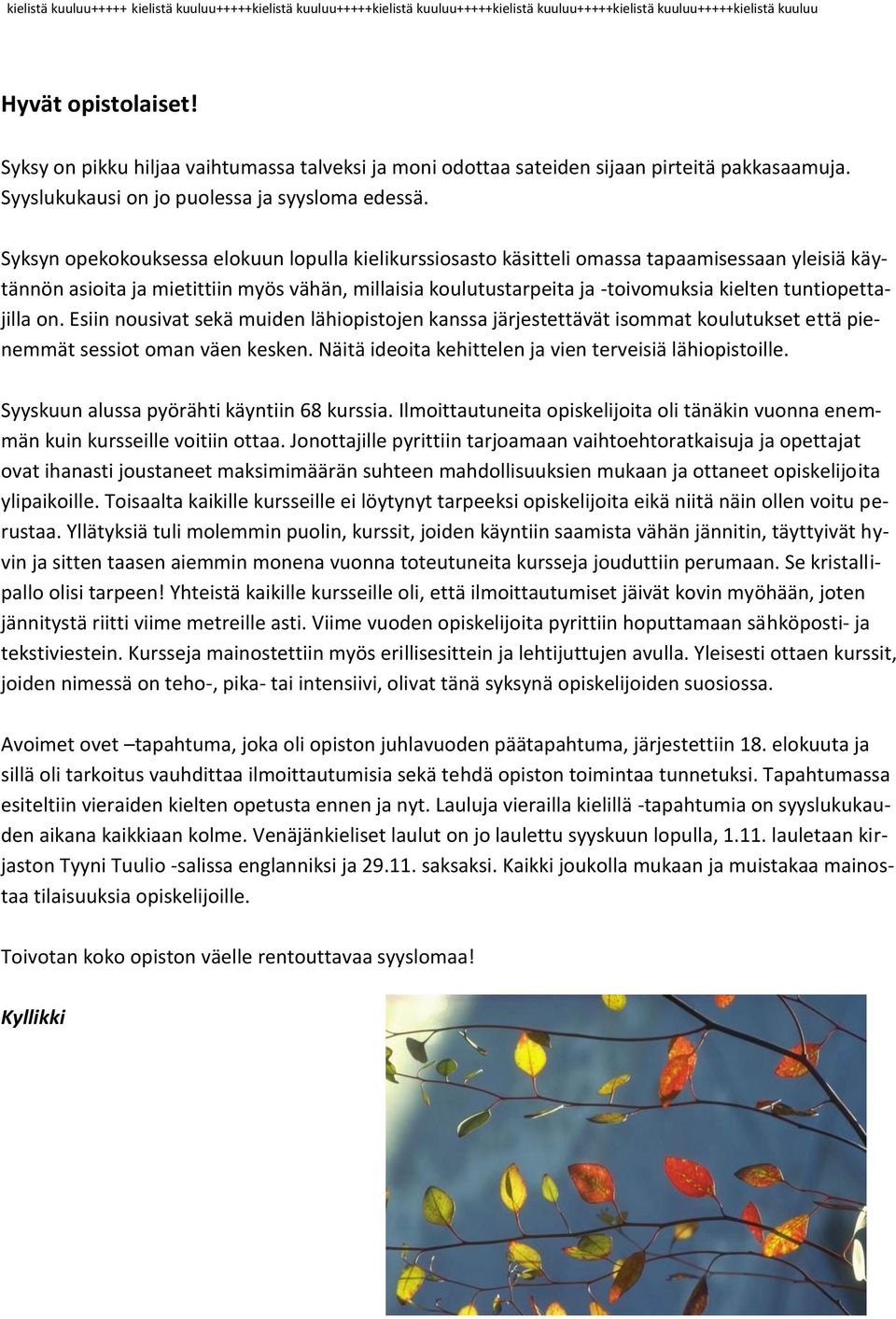 Syksyn opekokouksessa elokuun lopulla kielikurssiosasto käsitteli omassa tapaamisessaan yleisiä käytännön asioita ja mietittiin myös vähän, millaisia koulutustarpeita ja -toivomuksia kielten