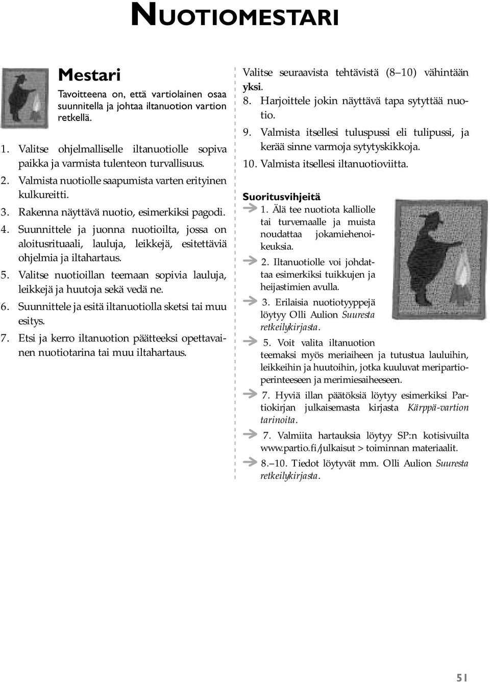 Suunnittele ja juonna nuotioilta, jossa on aloitusrituaali, lauluja, leikkejä, esitettäviä ohjelmia ja iltahartaus. 5. Valitse nuotioillan teemaan sopivia lauluja, leikkejä ja huutoja sekä vedä ne. 6.