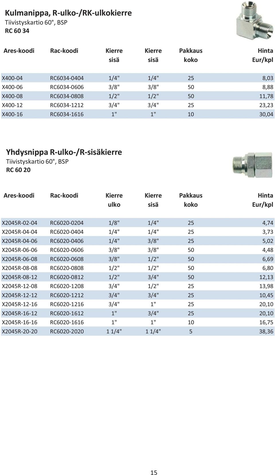 Ares-koodi Rac-koodi Kierre Kierre Pakkaus Hinta ulko sisä koko Eur/kpl X2045R-02-04 RC6020-0204 1/8" 1/4" 25 4,74 X2045R-04-04 RC6020-0404 1/4" 1/4" 25 3,73 X2045R-04-06 RC6020-0406 1/4" 3/8" 25