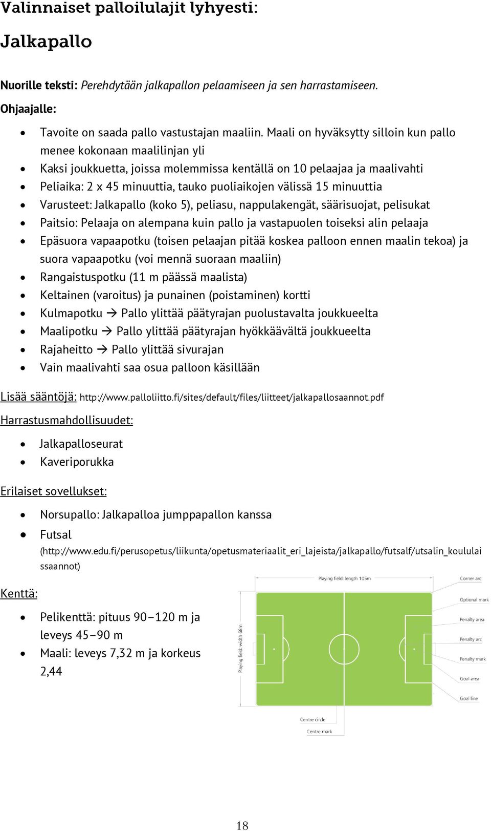 15 minuuttia Varusteet: Jalkapallo (koko 5), peliasu, nappulakengät, säärisuojat, pelisukat Paitsio: Pelaaja on alempana kuin pallo ja vastapuolen toiseksi alin pelaaja Epäsuora vapaapotku (toisen