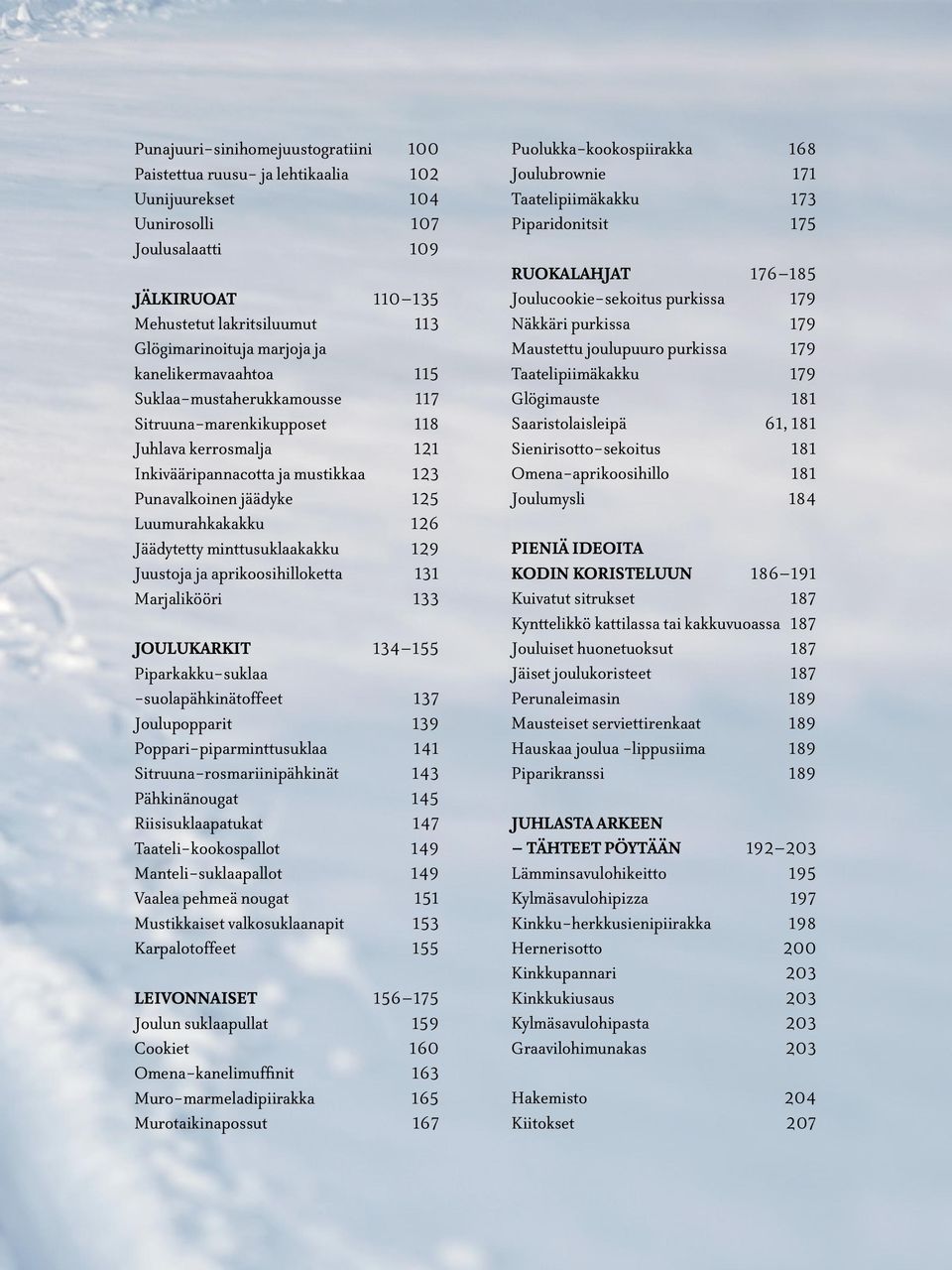 Jäädytetty minttusuklaakakku 129 Juustoja ja aprikoosihilloketta 131 Marjalikööri 133 JOULUKARKIT 134 155 Piparkakku-suklaa -suolapähkinätoffeet 137 Joulupopparit 139 Poppari-piparminttusuklaa 141