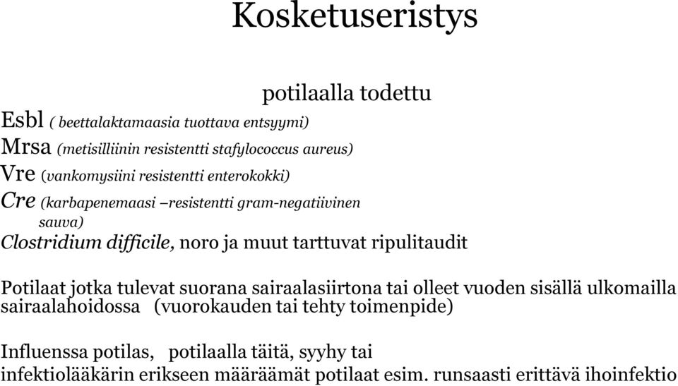 tarttuvat ripulitaudit Potilaat jotka tulevat suorana sairaalasiirtona tai olleet vuoden sisällä ulkomailla sairaalahoidossa (vuorokauden