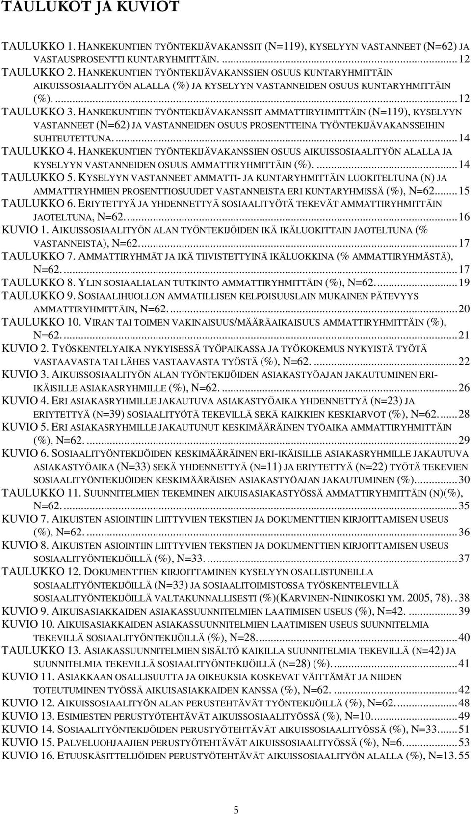 HANKEKUNTIEN TYÖNTEKIJÄVAKANSSIT AMMATTIRYHMITTÄIN (N=119), KYSELYYN VASTANNEET (N=62) JA VASTANNEIDEN OSUUS PROSENTTEINA TYÖNTEKIJÄVAKANSSEIHIN SUHTEUTETTUNA...14 TAULUKKO 4.