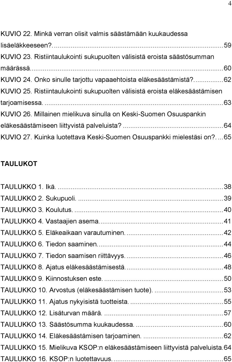 Millainen mielikuva sinulla on Keski-Suomen Osuuspankin eläkesäästämiseen liittyvistä palveluista?... 64 KUVIO 27. Kuinka luotettava Keski-Suomen Osuuspankki mielestäsi on?.... 65 TAULUKOT TAULUKKO 1.