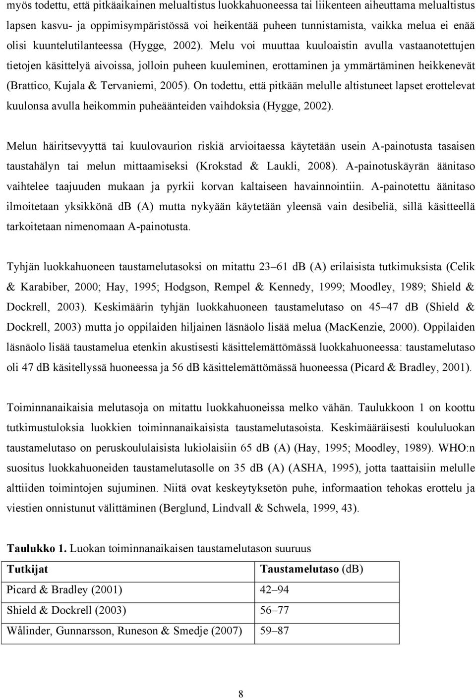 Melu voi muuttaa kuuloaistin avulla vastaanotettujen tietojen käsittelyä aivoissa, jolloin puheen kuuleminen, erottaminen ja ymmärtäminen heikkenevät (Brattico, Kujala & Tervaniemi, 2005).