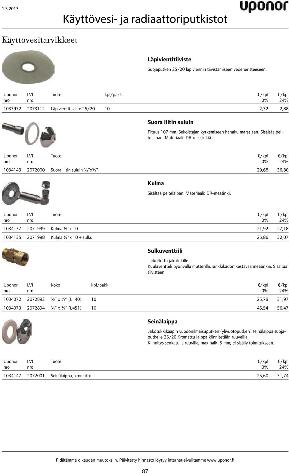 Tuote 1034143 2072000 Suora liitin suluin ½ x¾ 29,68 36,80 Kulma Sisältää peitelaipan. Materiaali: DR-messinki.