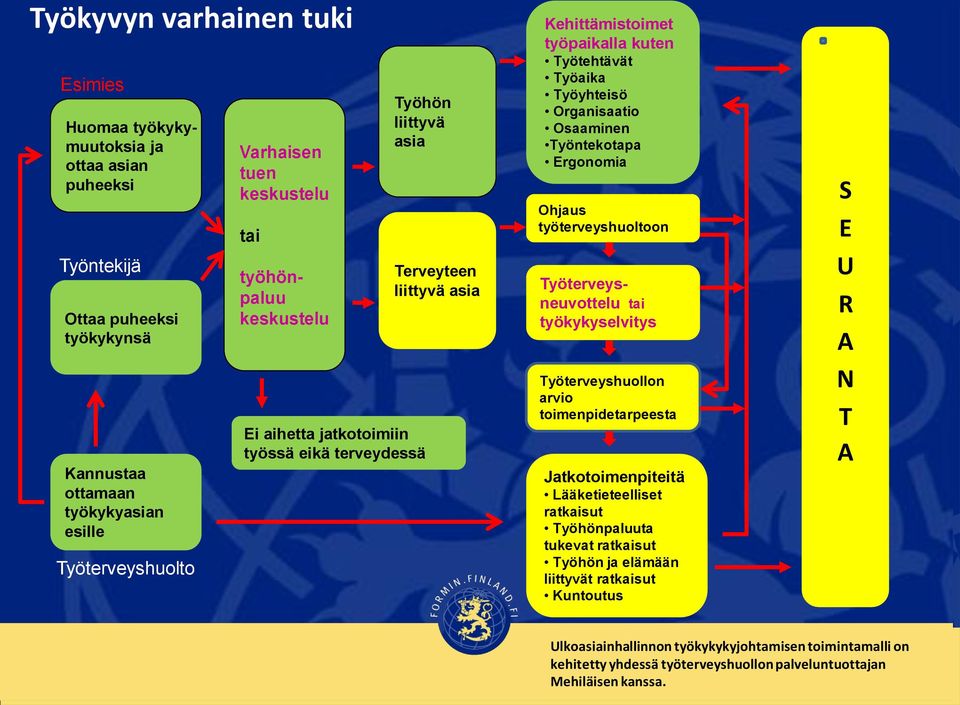 Osaaminen Työntekotapa Ergonomia Ohjaus työterveyshuoltoon Työterveysneuvottelu tai työkykyselvitys Työterveyshuollon arvio toimenpidetarpeesta Jatkotoimenpiteitä Lääketieteelliset ratkaisut