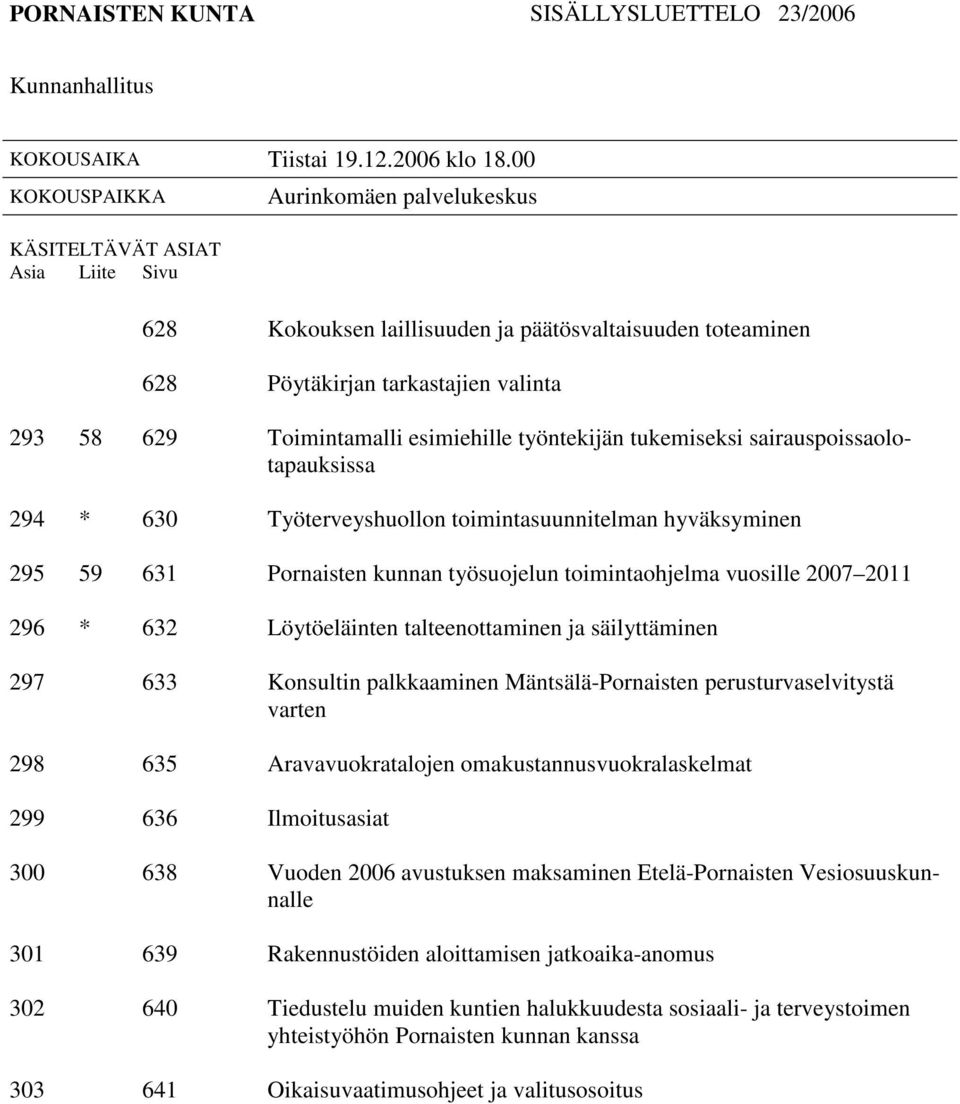 esimiehille työntekijän tukemiseksi sairauspoissaolotapauksissa 294 * 630 Työterveyshuollon toimintasuunnitelman hyväksyminen 295 59 631 Pornaisten kunnan työsuojelun toimintaohjelma vuosille 2007