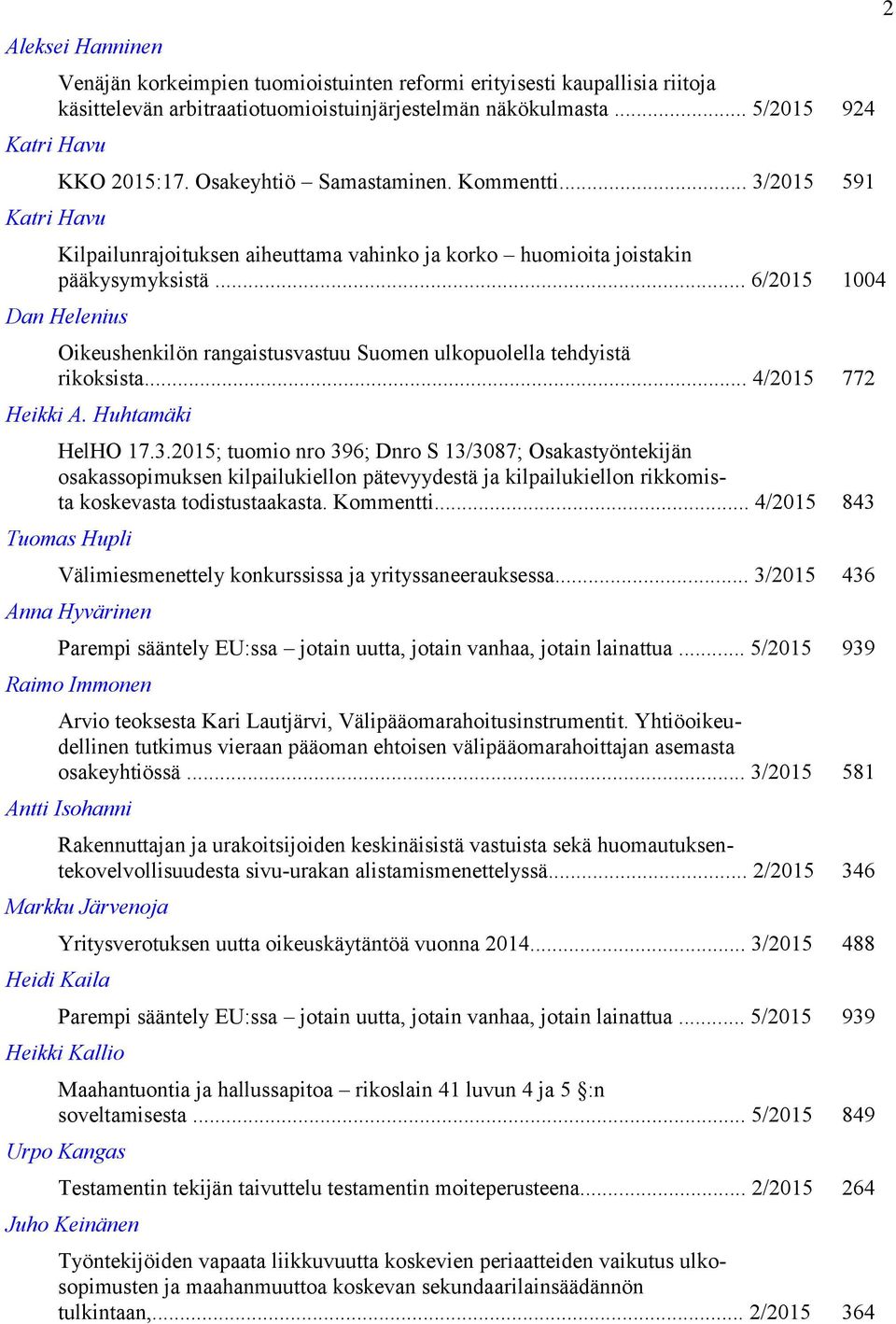 .. 6/2015 1004 Dan Helenius Oikeushenkilön rangaistusvastuu Suomen ulkopuolella tehdyistä rikoksista... 4/2015 772 Heikki A. Huhtamäki HelHO 17.3.