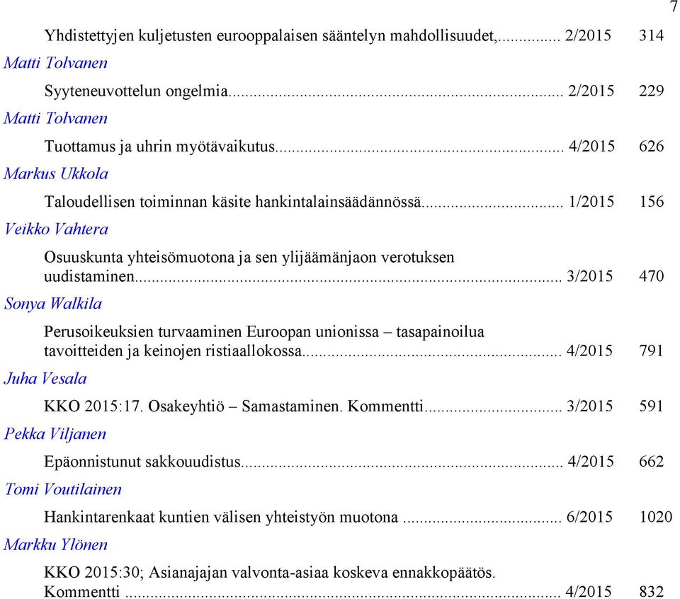 .. 3/2015 470 Sonya Walkila Perusoikeuksien turvaaminen Euroopan unionissa tasapainoilua tavoitteiden ja keinojen ristiaallokossa... 4/2015 791 Juha Vesala KKO 2015:17. Osakeyhtiö Samastaminen.