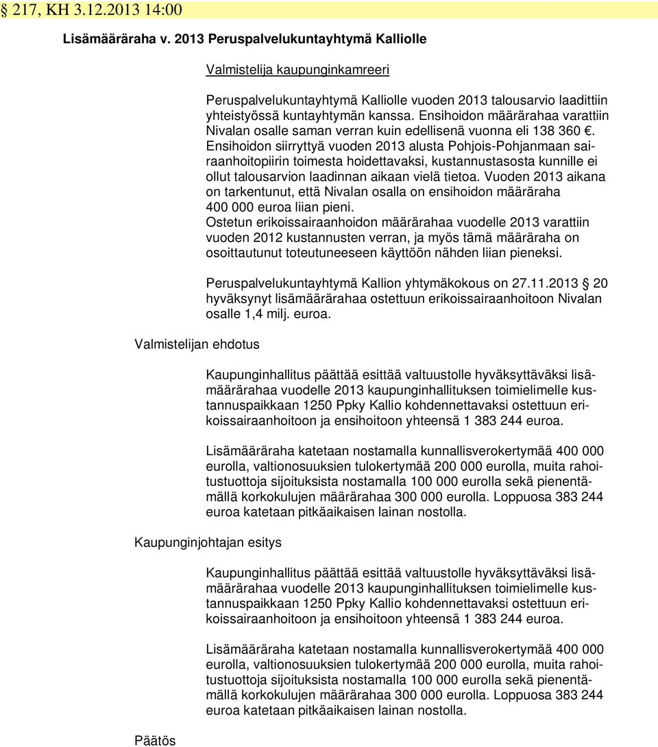 Ensihoidon määrärahaa varattiin Nivalan osalle saman verran kuin edellisenä vuonna eli 138 360.