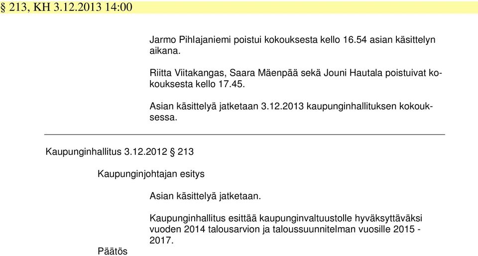 Asian käsittelyä jatketaan 3.12.2013 kaupunginhallituksen kokouksessa. Kaupunginhallitus 3.12.2012 213 Asian käsittelyä jatketaan.
