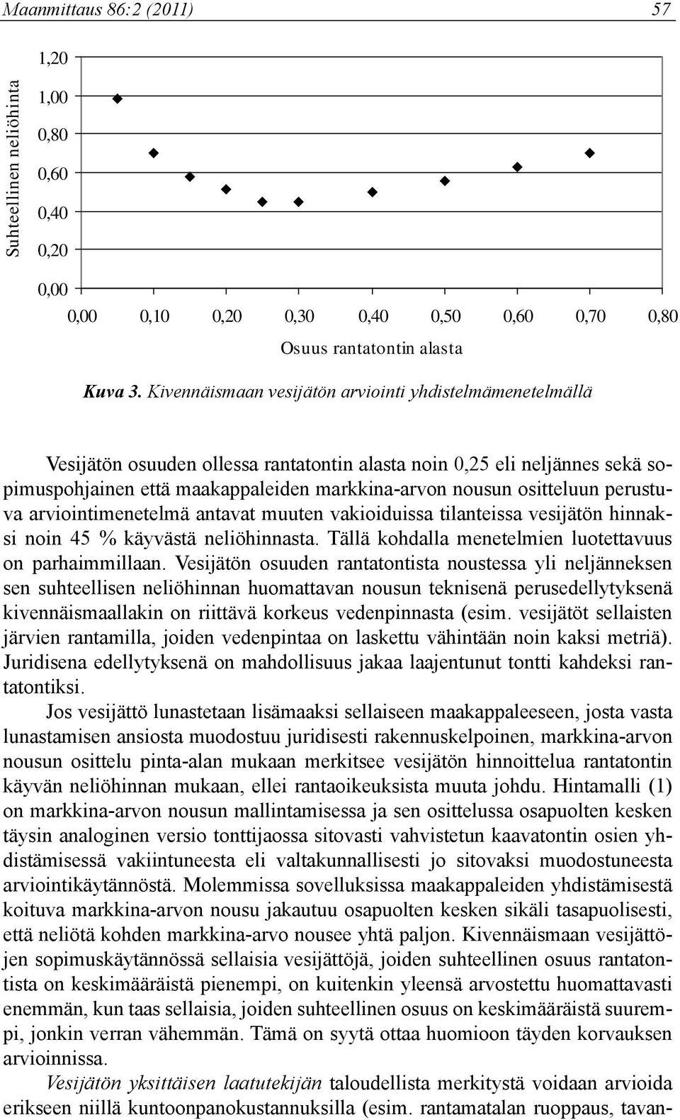 Kivennäismaan vesijätön arviointi yhdistelmämenetelmällä Vesijätön osuuden ollessa rantatontin alasta noin 0,25 eli neljännes sekä sopimuspohjainen että maakappaleiden markkina-arvon nousun