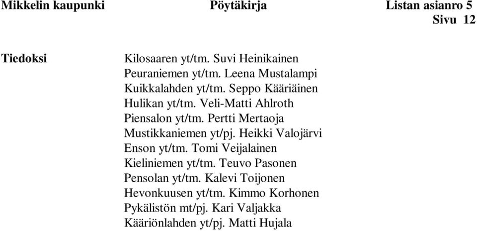 Pertti Mertaoja Mustikkaniemen yt/pj. Heikki Valojärvi Enson yt/tm. Tomi Veijalainen Kieliniemen yt/tm.