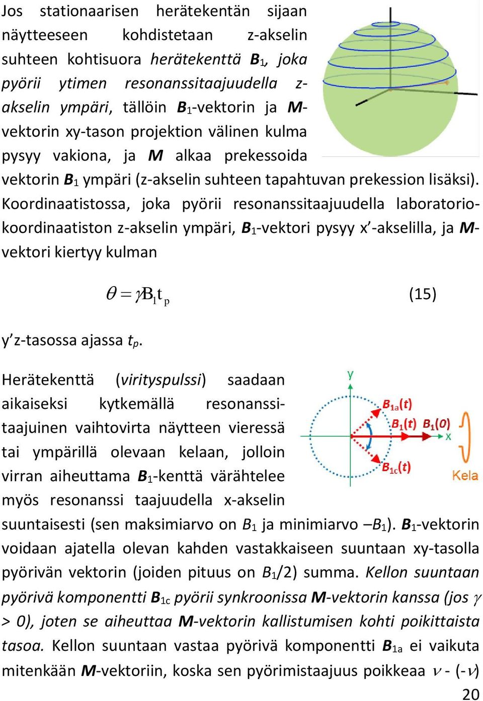 Koordinaatistossa, joka pyörii resonanssitaajuudella laboratoriokoordinaatiston z-akselin ympäri, B 1-vektori pysyy x -akselilla, ja M- vektori kiertyy kulman B 1 t p (15) y z-tasossa ajassa t p.