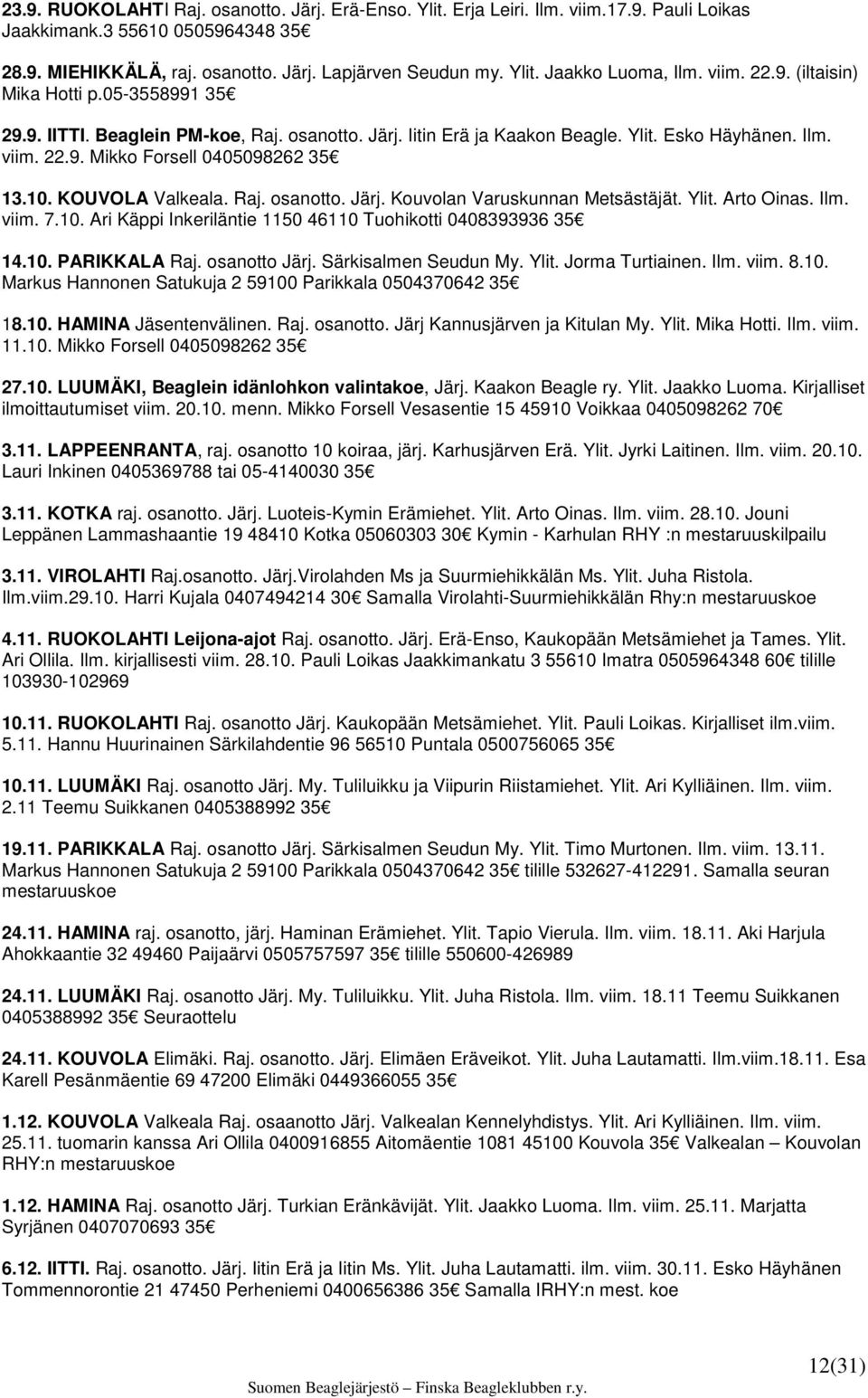 10. KOUVOLA Valkeala. Raj. osanotto. Järj. Kouvolan Varuskunnan Metsästäjät. Ylit. Arto Oinas. Ilm. viim. 7.10. Ari Käppi Inkeriläntie 1150 46110 Tuohikotti 0408393936 35 14.10. PARIKKALA Raj.