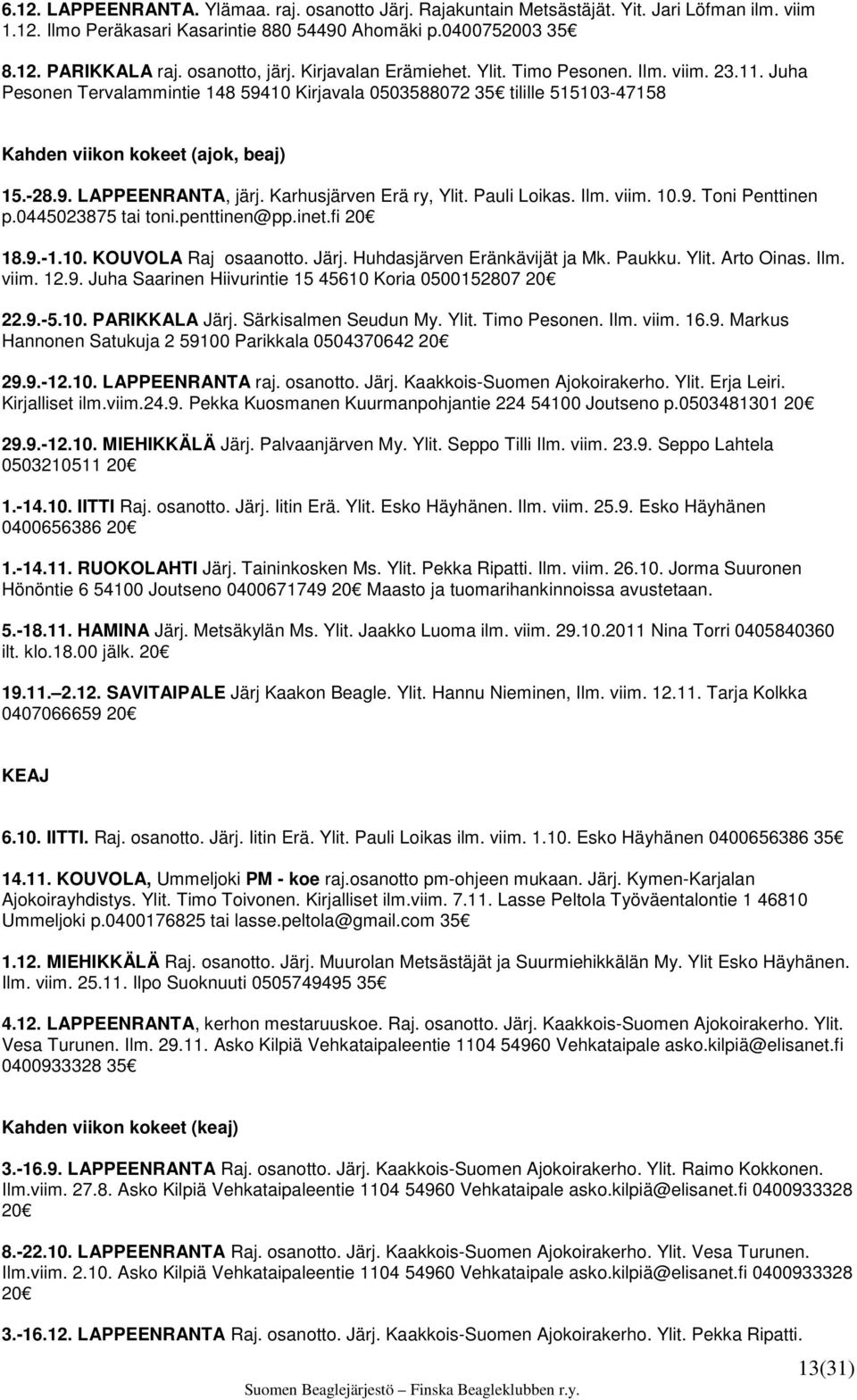 9. LAPPEENRANTA, järj. Karhusjärven Erä ry, Ylit. Pauli Loikas. Ilm. viim. 10.9. Toni Penttinen p.0445023875 tai toni.penttinen@pp.inet.fi 20 18.9.-1.10. KOUVOLA Raj osaanotto. Järj.