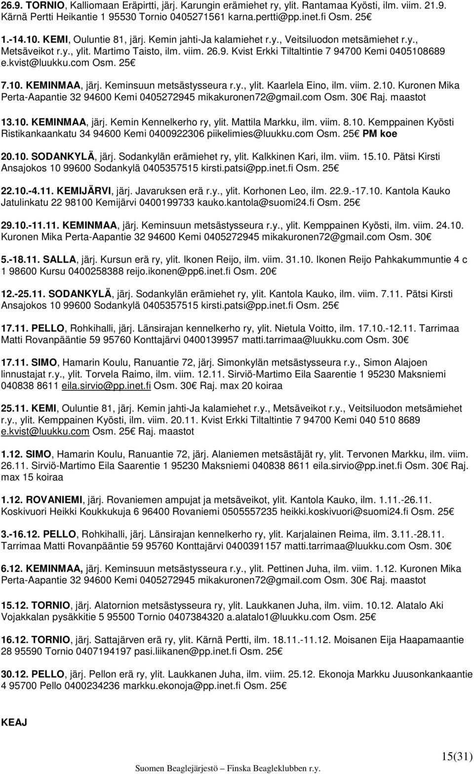 kvist@luukku.com Osm. 25 7.10. KEMINMAA, järj. Keminsuun metsästysseura r.y., ylit. Kaarlela Eino, ilm. viim. 2.10. Kuronen Mika Perta-Aapantie 32 94600 Kemi 0405272945 mikakuronen72@gmail.com Osm. 30 Raj.