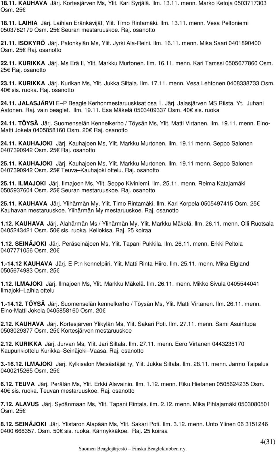 Ms Erä II, Ylit, Markku Murtonen. Ilm. 16.11. menn. Kari Tamssi 0505677860 Osm. 25 Raj. osanotto 23.11. KURIKKA Järj. Kurikan Ms, Ylit. Jukka Siltala. Ilm. 17.11. menn. Vesa Lehtonen 0408338733 Osm.