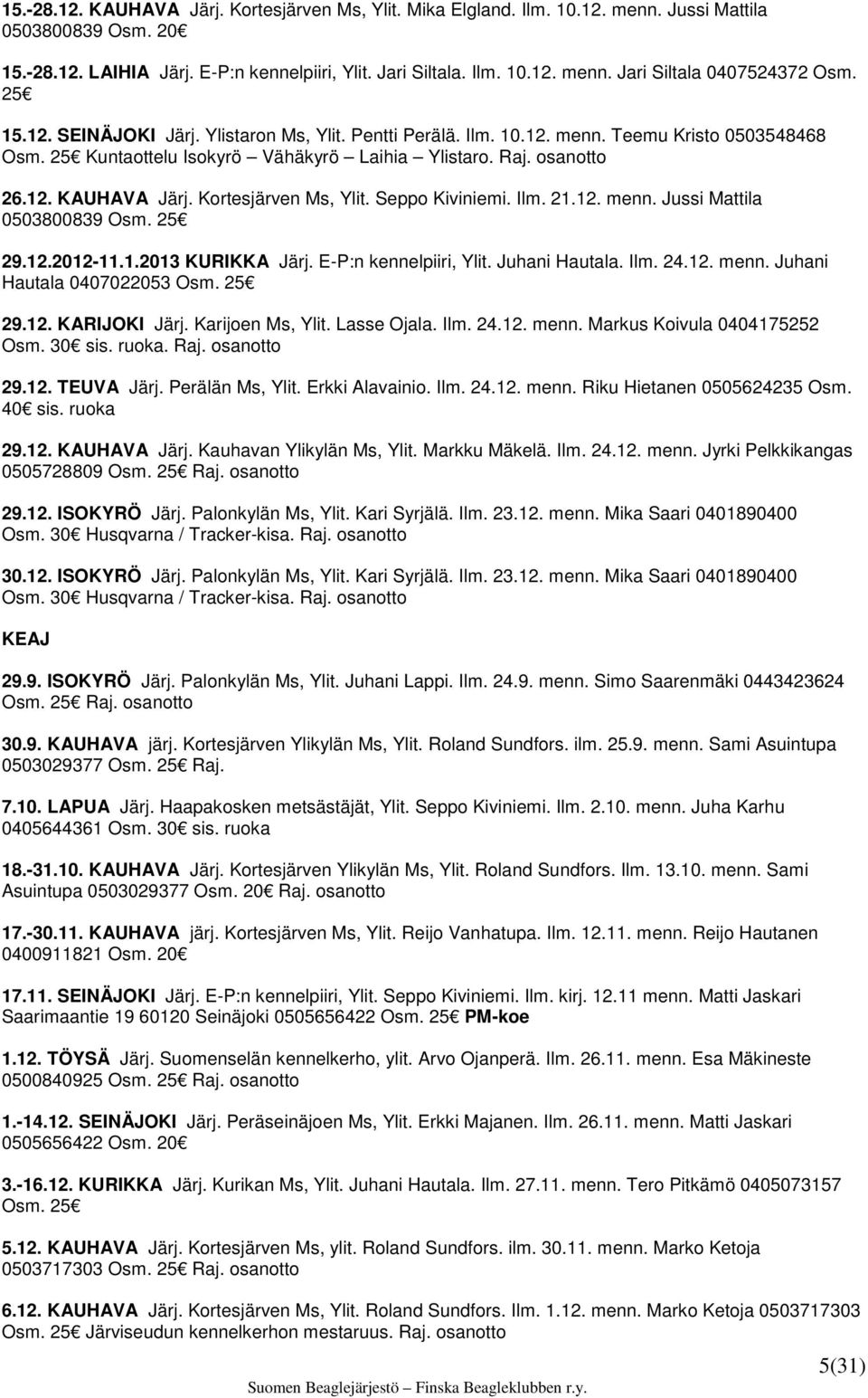 Kortesjärven Ms, Ylit. Seppo Kiviniemi. Ilm. 21.12. menn. Jussi Mattila 0503800839 Osm. 25 29.12.2012-11.1.2013 KURIKKA Järj. E-P:n kennelpiiri, Ylit. Juhani Hautala. Ilm. 24.12. menn. Juhani Hautala 0407022053 Osm.