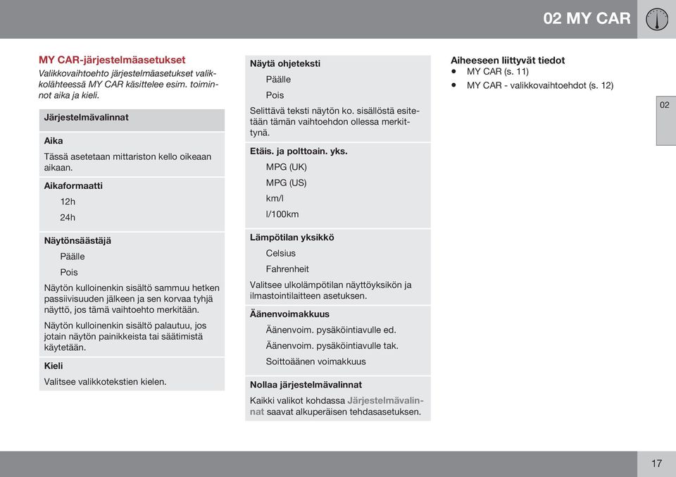 ja polttoain. yks. MPG (UK) MY CAR (s. 11) MY CAR - valikkovaihtoehdot (s.