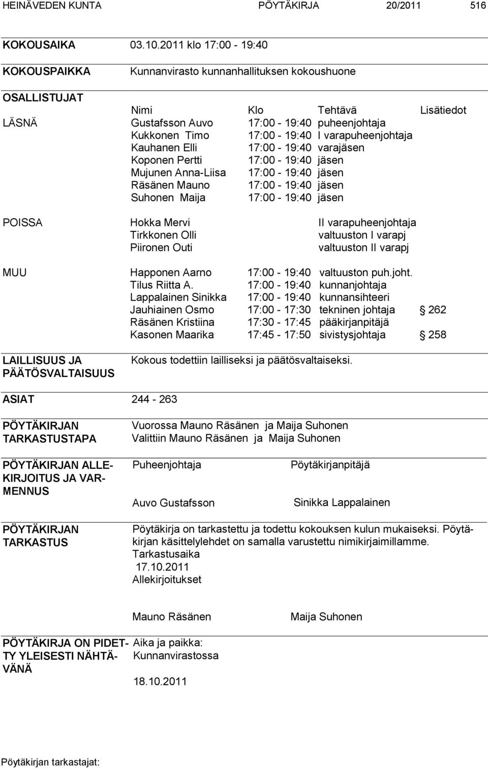 varapuheenjohtaja Kauhanen Elli 17:00-19:40 varajäsen Koponen Pertti 17:00-19:40 jäsen Mujunen Anna-Liisa 17:00-19:40 jäsen Räsänen Mauno 17:00-19:40 jäsen Suhonen Maija 17:00-19:40 jäsen POISSA