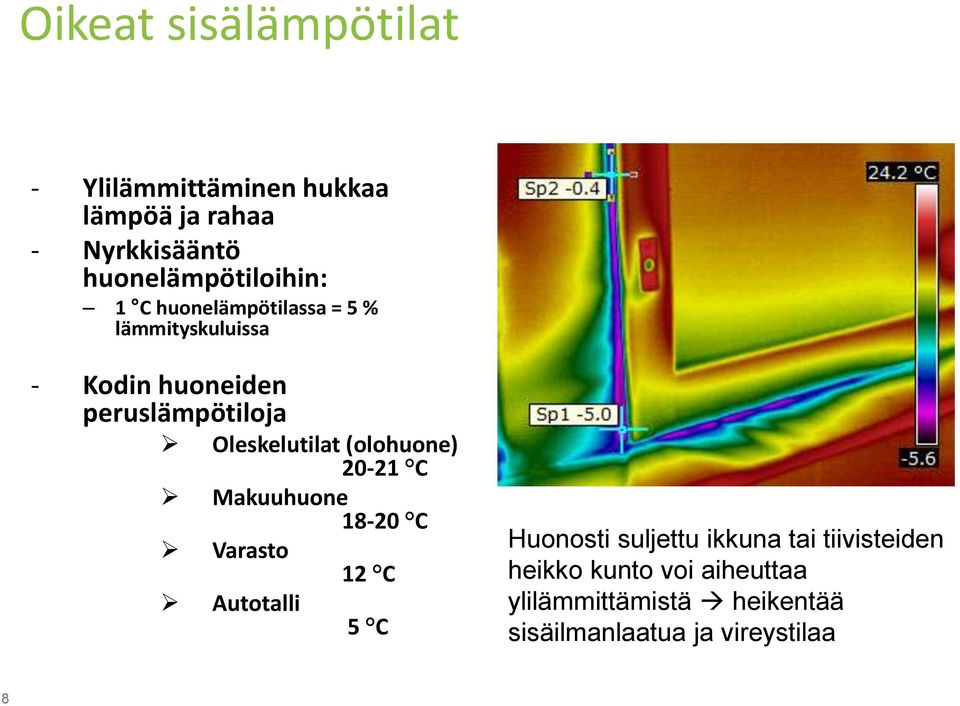 peruslämpötiloja Oleskelutilat (olohuone) 20-21 C Makuuhuone 18-20 C Varasto Autotalli 12 C 5 C