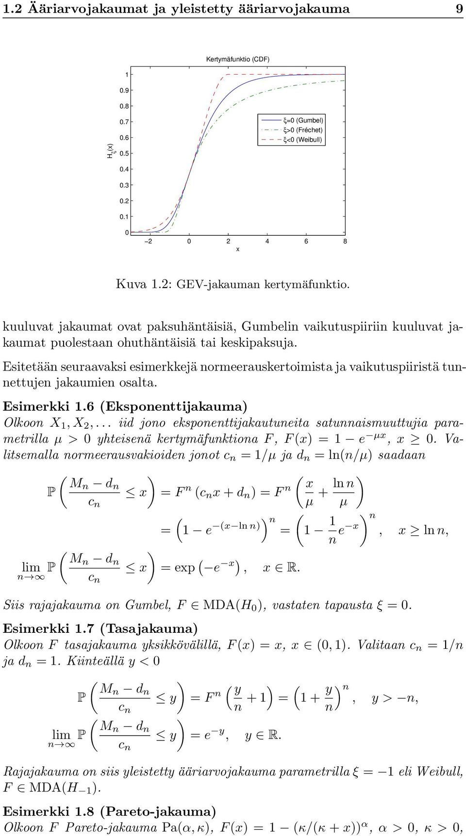 Esitetään seuraavaksi esimerkkejä normeerauskertoimista ja vaikutuspiiristä tunnettujen jakaumien osalta. Esimerkki 1.6 (Eksponenttijakauma) Olkoon X 1, X 2,.