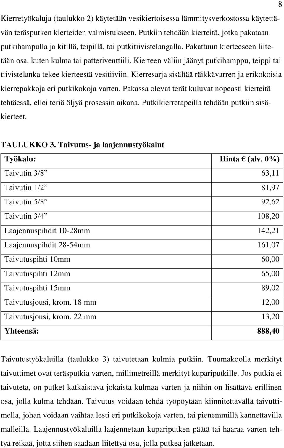 Kierteen väliin jäänyt putkihamppu, teippi tai tiivistelanka tekee kierteestä vesitiiviin. Kierresarja sisältää räikkävarren ja erikokoisia kierrepakkoja eri putkikokoja varten.