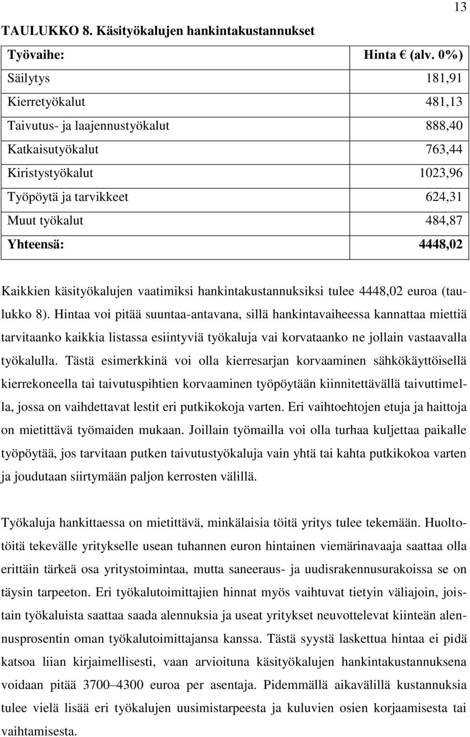 Kaikkien käsityökalujen vaatimiksi hankintakustannuksiksi tulee 4448,02 euroa (taulukko 8).