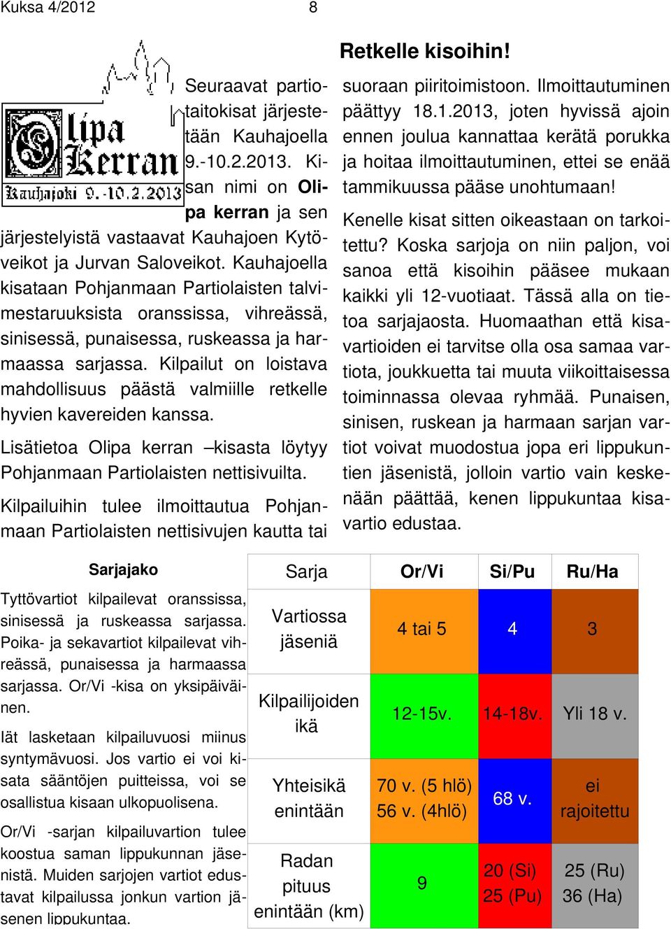Kauhajoella kisataan Pohjanmaan Partiolaisten talvimestaruuksista oranssissa, vihreässä, sinisessä, punaisessa, ruskeassa ja harmaassa sarjassa.