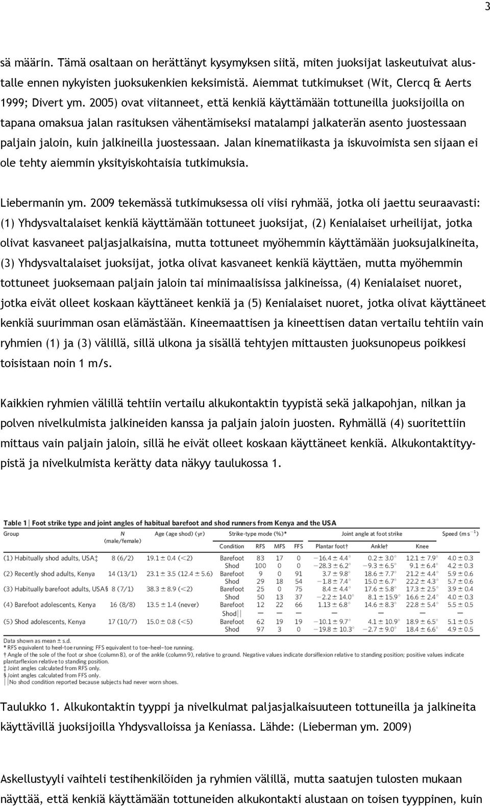 juostessaan. Jalan kinematiikasta ja iskuvoimista sen sijaan ei ole tehty aiemmin yksityiskohtaisia tutkimuksia. Liebermanin ym.