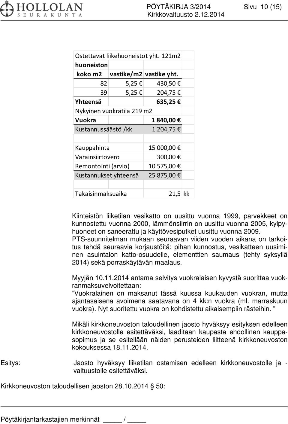 Kustannukset yhteensä 25 875,00 Takaisinmaksuaika 21,5 kk Kiinteistön liiketilan vesikatto on uusittu vuonna 1999, parvekkeet on kunnostettu vuonna 2000, lämmönsiirrin on uusittu vuonna 2005,