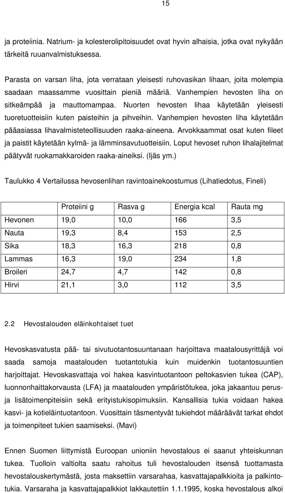 Nuorten hevosten lihaa käytetään yleisesti tuoretuotteisiin kuten paisteihin ja pihveihin. Vanhempien hevosten liha käytetään pääasiassa lihavalmisteteollisuuden raaka-aineena.