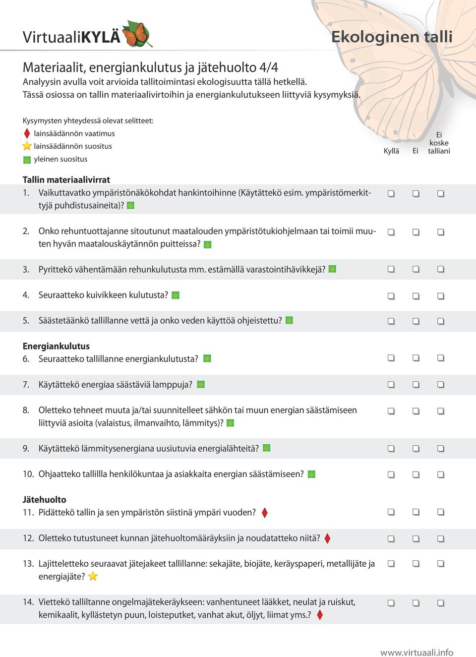Kysymysten yhteydessä olevat selitteet: lainsäädännön vaatimus lainsäädännön suositus yleinen suositus Tallin materiaalivirrat 1. Vaikuttavatko ympäristönäkökohdat hankintoihinne (Käytättekö esim.