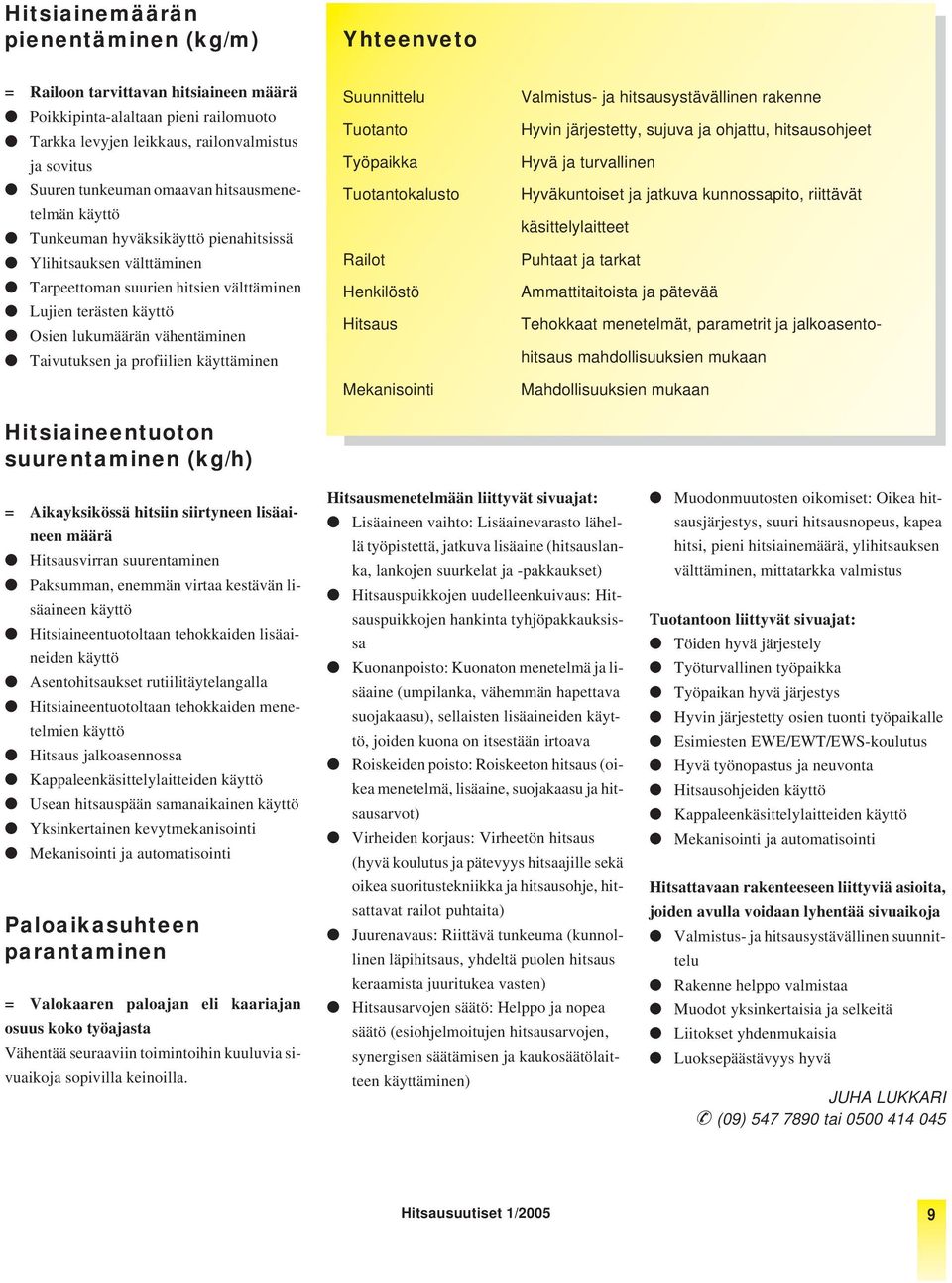 Taivutuksen ja profiilien käyttäminen Hitsiaineentuoton suurentaminen (kg/h) Suunnittelu Tuotanto Työpaikka Tuotantokalusto Railot Henkilöstö Hitsaus Mekanisointi Valmistus- ja hitsausystävällinen