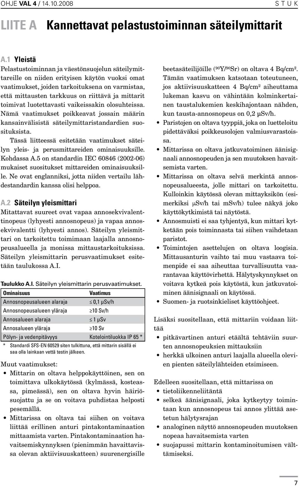 mittarit toimivat luotettavasti vaikeissakin olosuhteissa. Nämä vaatimukset poikkeavat jossain määrin kansainvälisistä säteilymittaristandardien suosituksista.