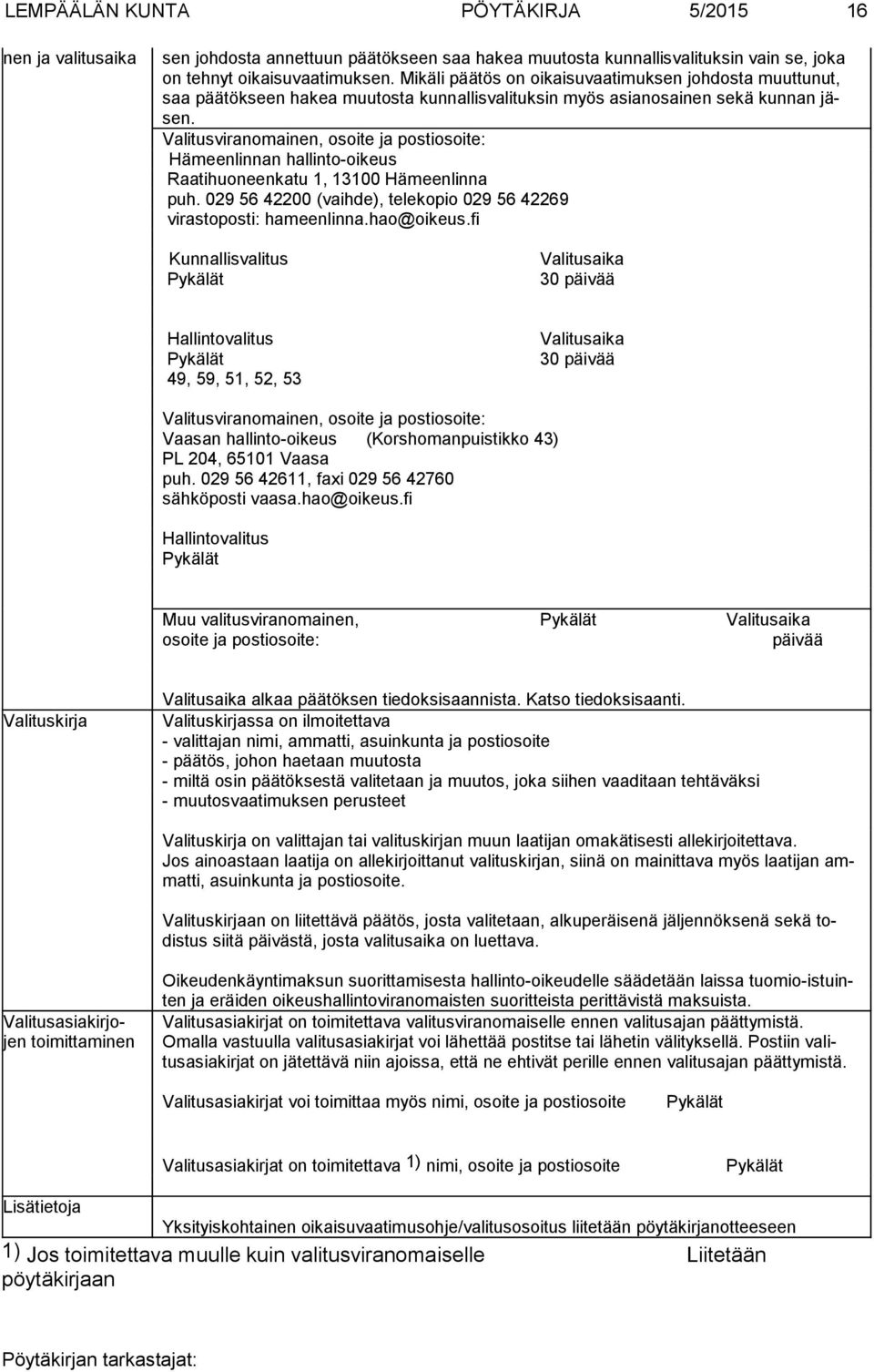 Valitusviranomainen, osoite ja postiosoite: Hämeenlinnan hallinto-oikeus Raatihuoneenkatu 1, 13100 Hämeenlinna puh. 029 56 42200 (vaihde), telekopio 029 56 42269 virastoposti: hameenlinna.hao@oikeus.