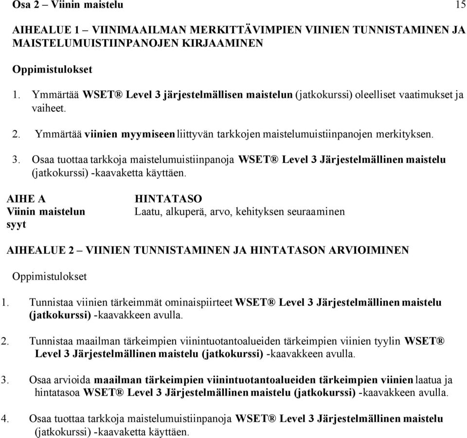 AIHE A Viinin maistelun syyt HINTATASO Laatu, alkuperä, arvo, kehityksen seuraaminen AIHEALUE 2 VIINIEN TUNNISTAMINEN JA HINTATASON ARVIOIMINEN Oppimistulokset 1.