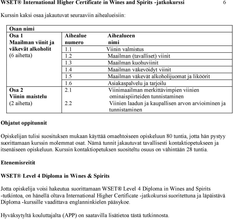 5 Maailman väkevät alkoholijuomat ja liköörit 1.6 Asiakaspalvelu ja tarjoilu 2.1 Viinimaailman merkittävimpien viinien ominaispiirteiden tunnistaminen 2.