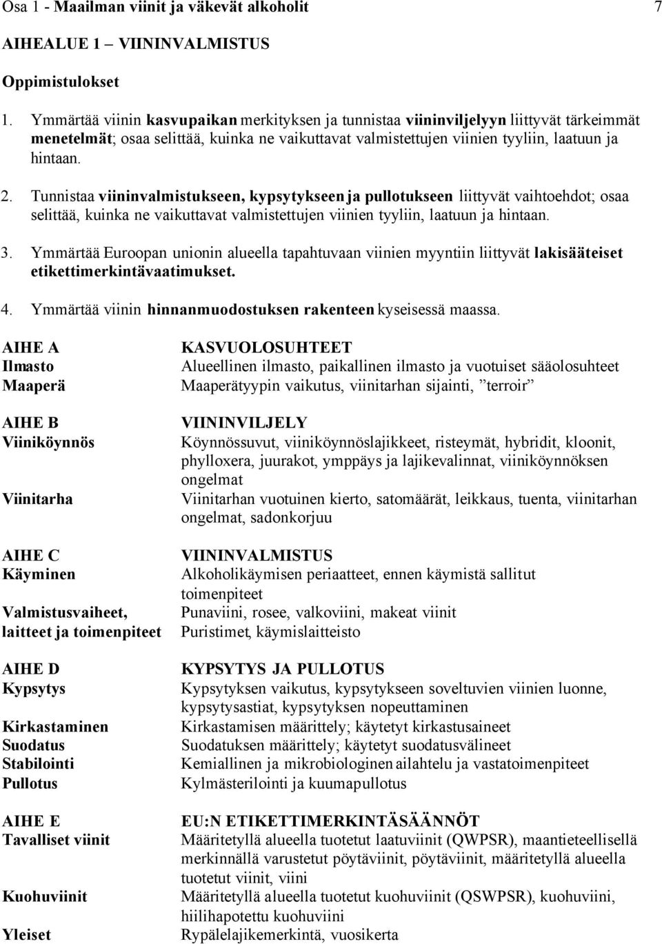 Tunnistaa viininvalmistukseen, kypsytykseen ja pullotukseen liittyvät vaihtoehdot; osaa selittää, kuinka ne vaikuttavat valmistettujen viinien tyyliin, laatuun ja hintaan. 3.