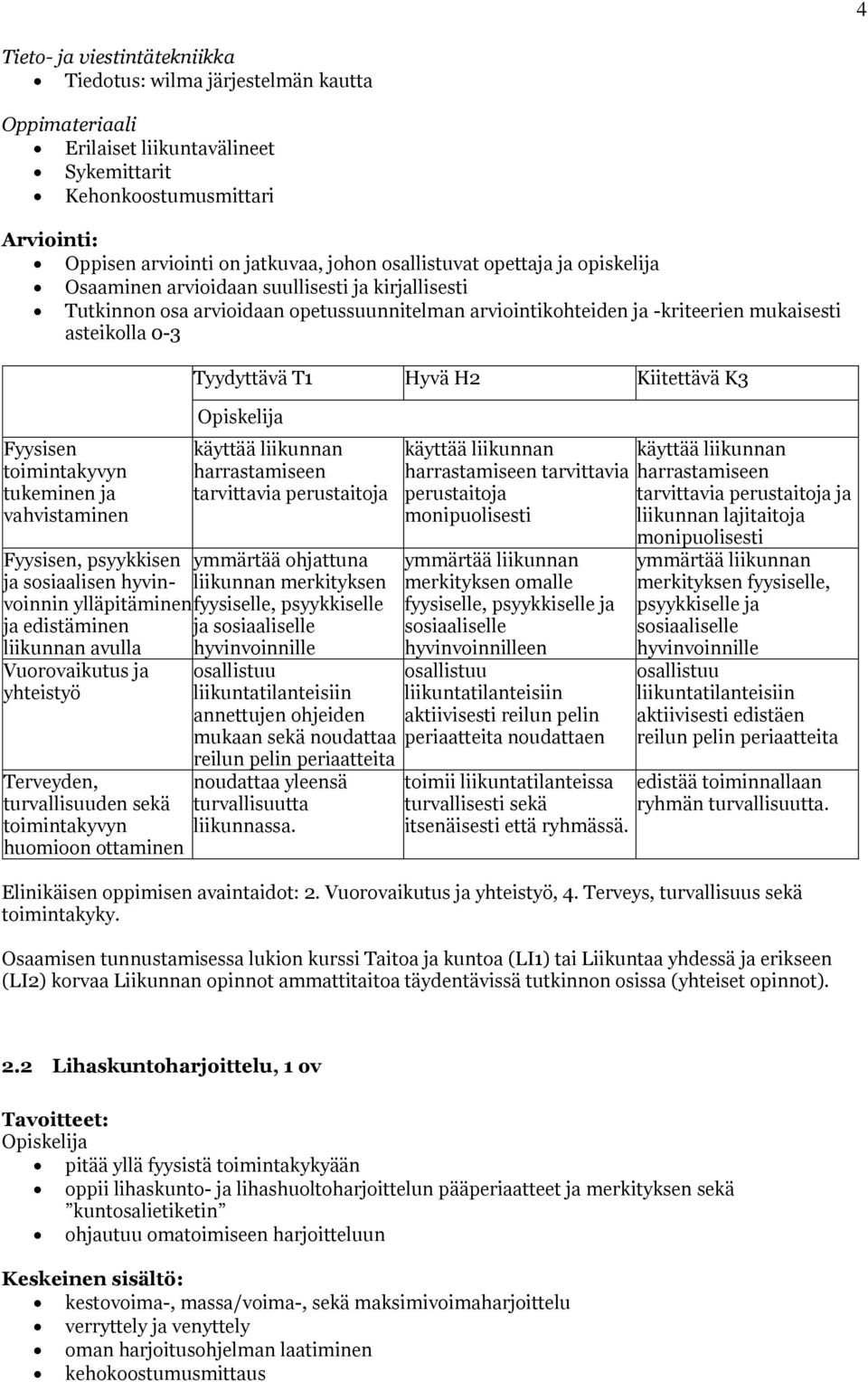 tukeminen ja vahvistaminen käyttää liikunnan harrastamiseen tarvittavia perustaitoja Fyysisen, psyykkisen ymmärtää ohjattuna ja sosiaalisen hyvinvoinnin ylläpitäminen fyysiselle, psyykkiselle