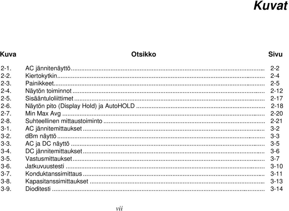 .. 2-21 3-1. C jännitemittaukset... 3-2 3-2. dbm näyttö... 3-3 3-3. C ja DC näyttö... 3-5 3-4. DC jännitemittaukset... 3-6 3-5.